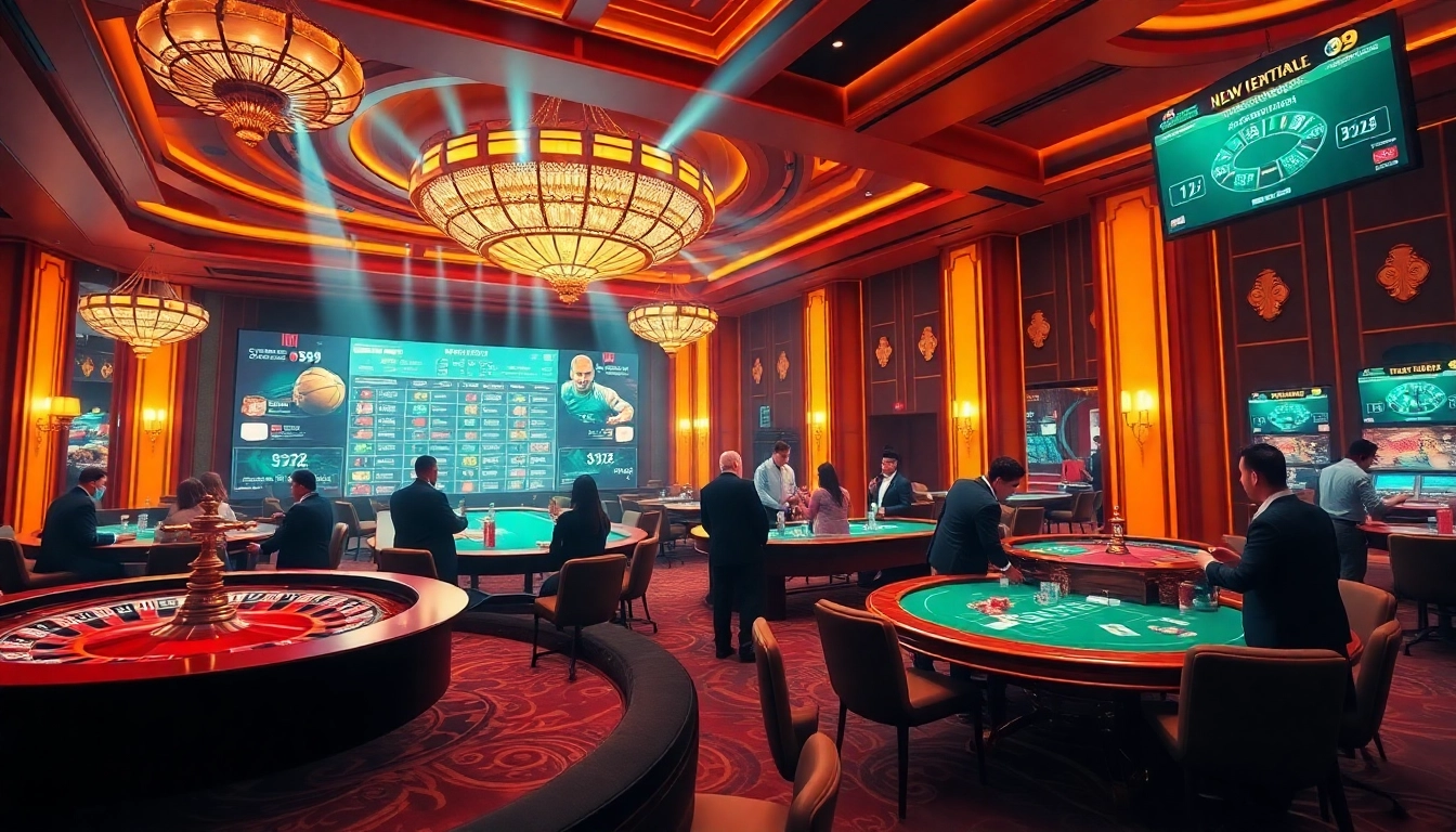 Exciting gaming scene at trang chủ PS99 with players at poker tables and roulette.