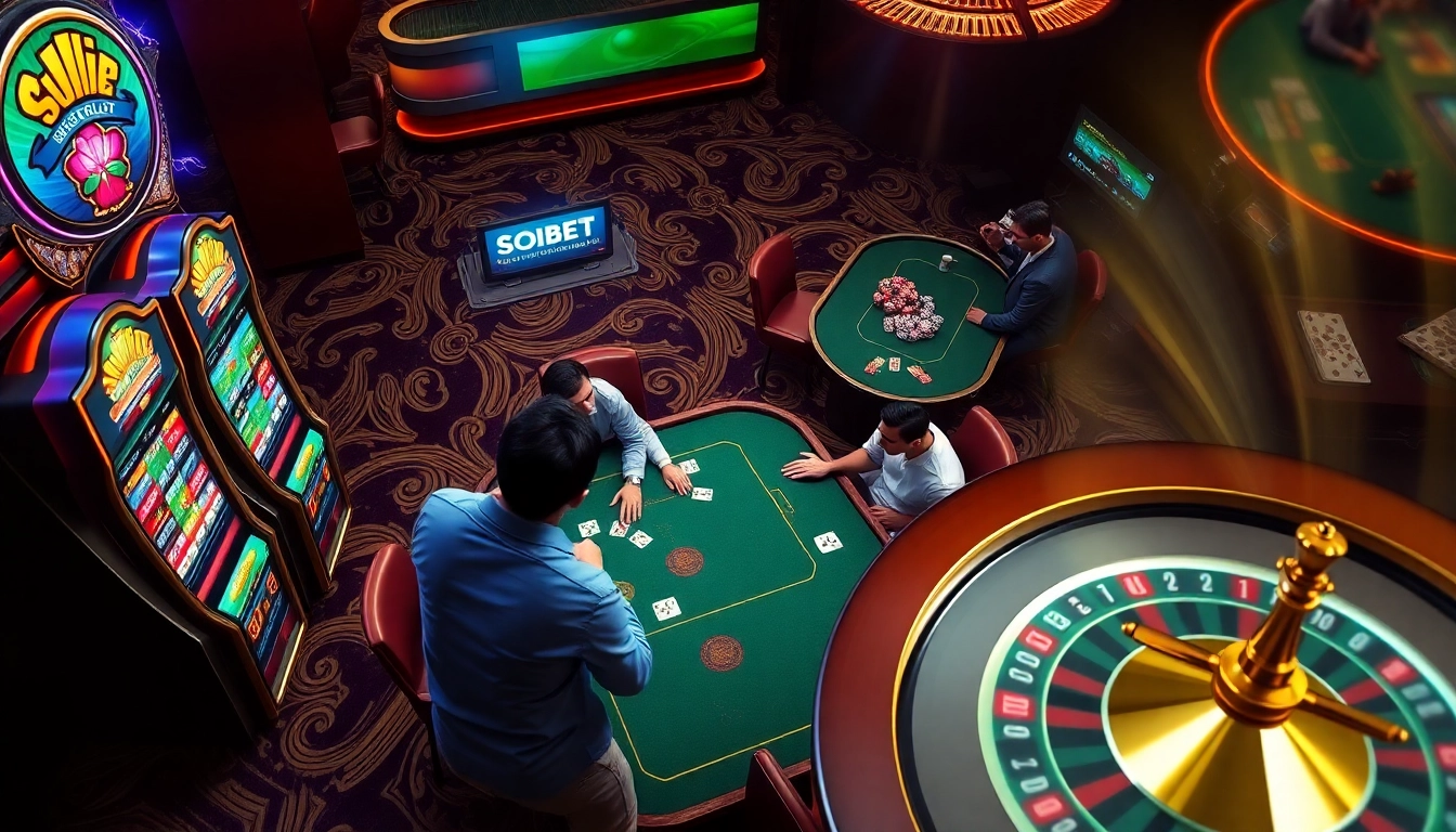 Experience the excitement of SOIBET's top gambling portal, showcasing a thrilling poker game and vibrant slots.