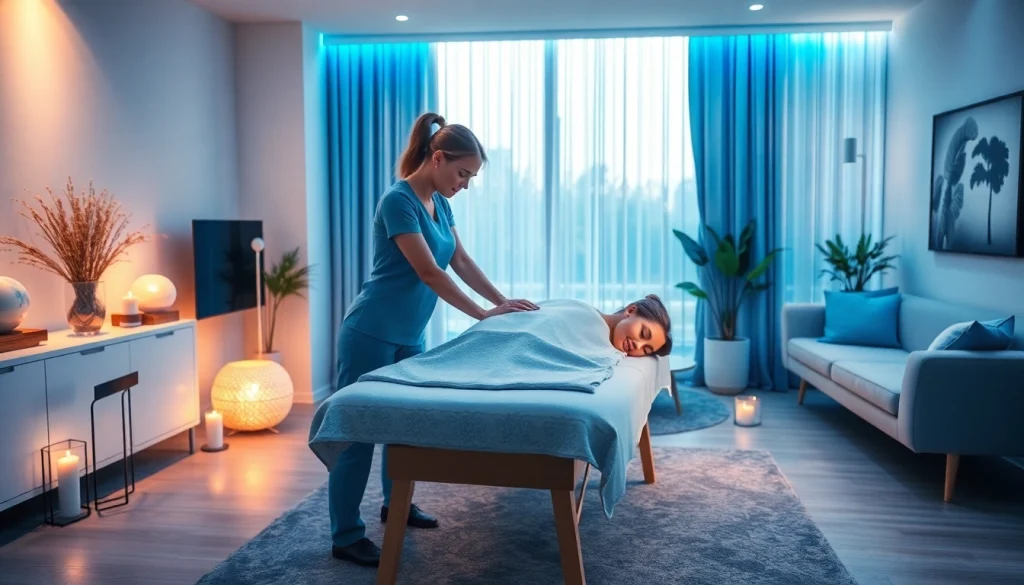 현대적인 거실에서의 출장마사지 서비스—이완과 전문 치료 환경을 보여주는 모습