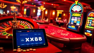 Experience thrilling gameplay at https://xx88.nl/ with a vibrant casino scene featuring roulette, poker, and slot machines.