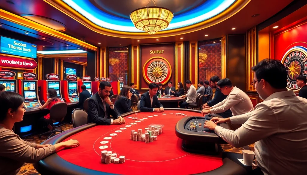 Sbobet betting booth showcasing thrilling casino action with poker tables and slot machines.