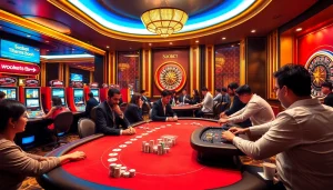 Sbobet betting booth showcasing thrilling casino action with poker tables and slot machines.