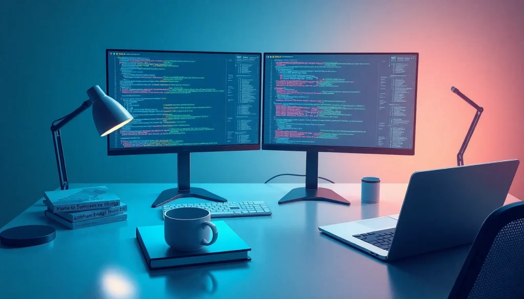 Software engineering workspace with dual monitors and innovative tech.