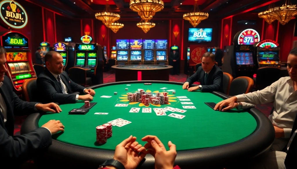 BDJL players engaging in a high-stakes poker game at a luxurious casino table