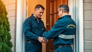 Erfahrener Schlüsseldiensttechniker vom Schlüsselnotdienst Wiesbaden hilft einem Hausbesitzer, eine Tür professionell zu öffnen.