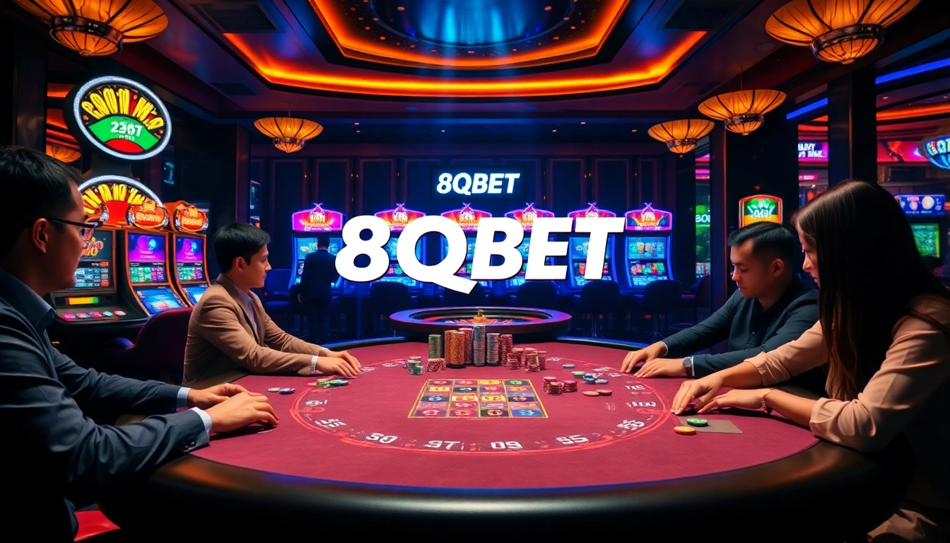 Experience the thrill of 8qbet at a luxurious casino table with vibrant slot machines.