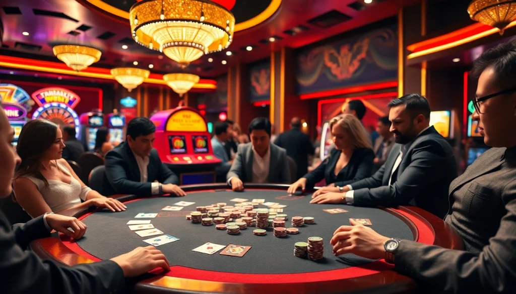 Players enjoying a thrilling poker game at Thabet casino table amidst vibrant casino ambiance.