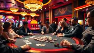 Players enjoying a thrilling poker game at Thabet casino table amidst vibrant casino ambiance.