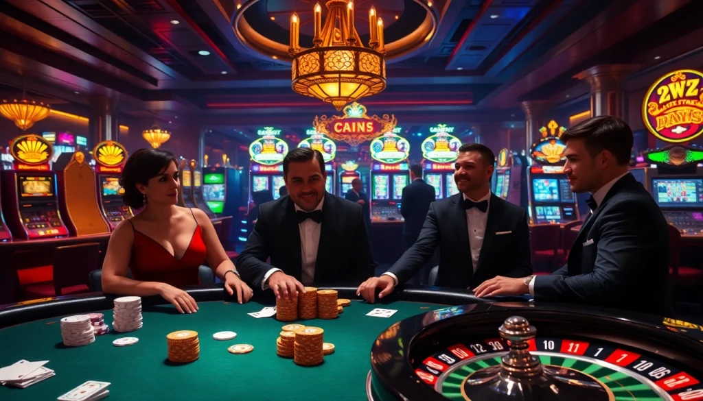 IWIN68 players enjoying a thrilling high-stakes poker game in an elegant casino setting.
