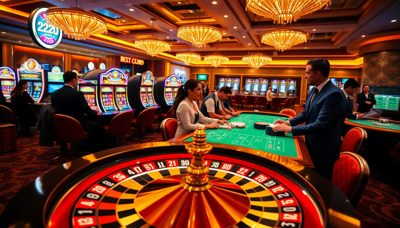 A vibrant casino scene at 222bd club featuring a roulette wheel, slot machines, and enthusiastic players.