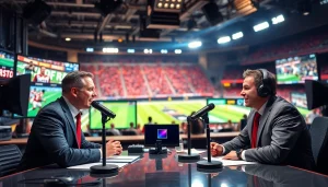 Captivating scene of sports broadcasting studio with hosts discussing sports events passionately.