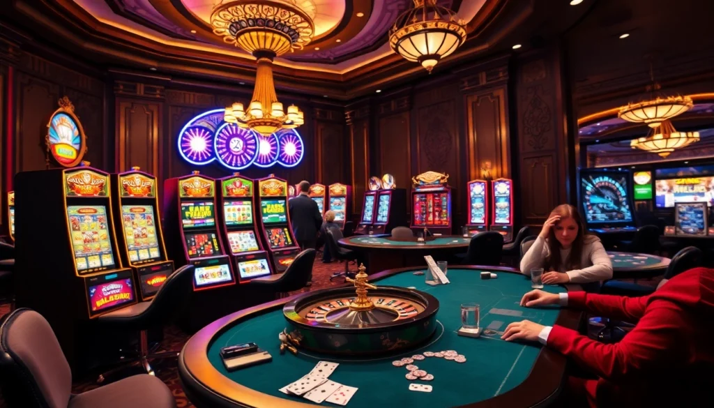 Engaging scene featuring Tool xổ số siêu tốc with vibrant casino elements like slot machines and poker tables.