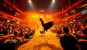 Experience the thrilling atmosphere of SV368win.live with intense cockfighting scene.