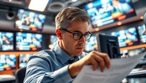 Editor analyzing latest updates on https://www.thedailynewsonline.com in a busy newsroom environment.