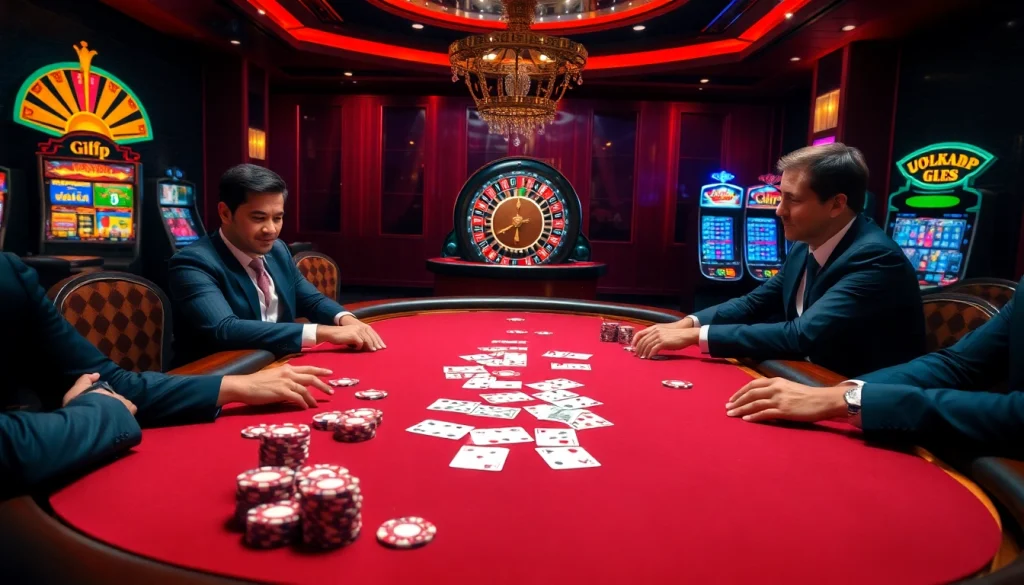 Experience the thrill of high-stakes poker at a luxurious casino, featuring gilajp elements.