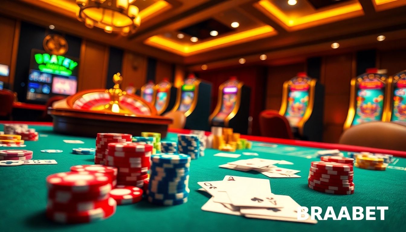 Engaging gambling scene showcasing BRABET's vibrant casino atmosphere with poker chips, cards, and roulette.