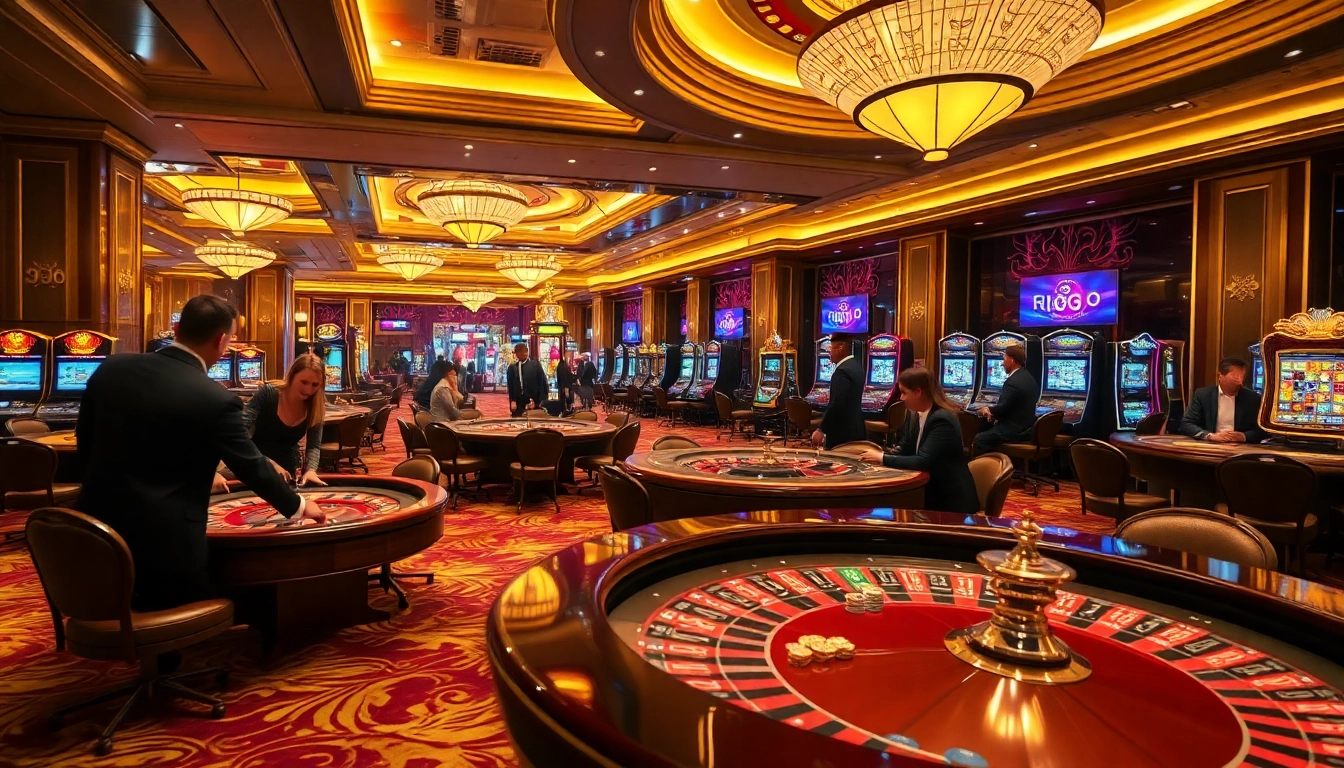 Players enjoying high-stakes games at PS99's luxurious casino featuring roulette and poker tables.