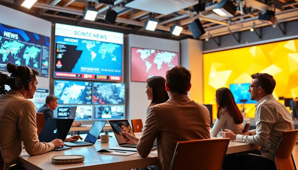 Engage with https://www.thedailynewsonline.com in a modern newsroom, showcasing journalists at work.