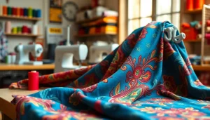 Tricot jersey bedrukt stoffen op een creatief ontwerp bureau afgebeeld met levendige kleuren.