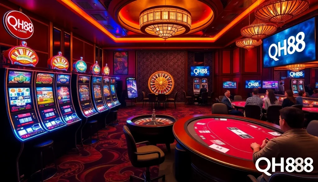 Experience the thrill of gambling at QH88's luxurious casino with vibrant slot machines and an elegant poker table.