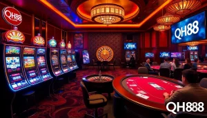 Experience the thrill of gambling at QH88's luxurious casino with vibrant slot machines and an elegant poker table.