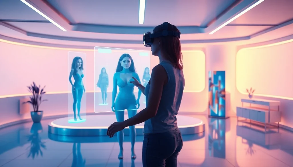 Explore a futuristic room featuring NSFW AI avatars in a lifelike holographic interaction.