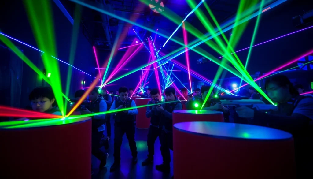 Engaged players participating in an exciting laser tag competition in a vibrant arena.