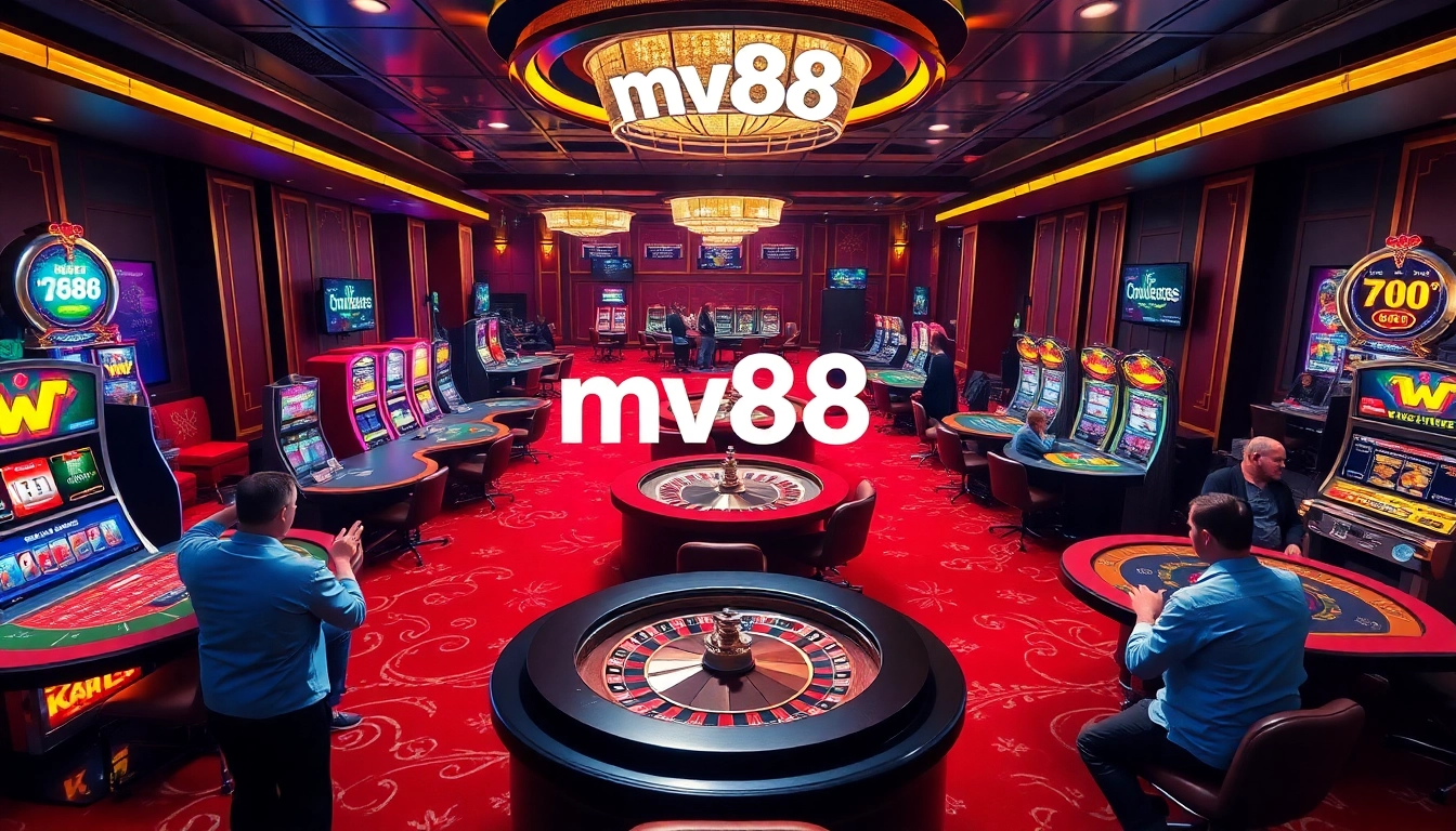Excited players experience an immersive gambling scene with mv88-themed betting displays and vibrant casino games.