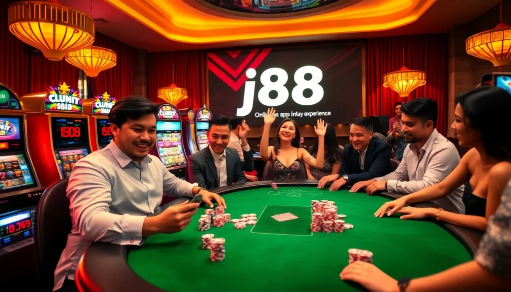 Experience the thrill of j88 with vibrant casino tables and winning players in action.