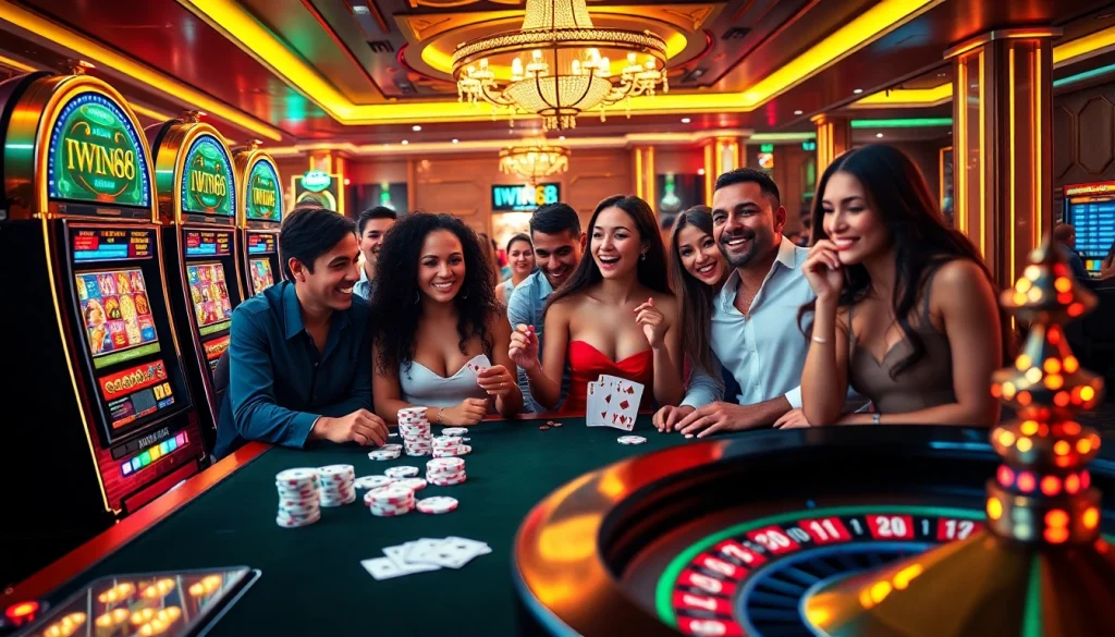 IWIN68 casino scene featuring players at a poker table and slot machines, radiating excitement and luxury.