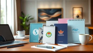 Bloknotai su spauda rodomi stilingame biuro stalelyje, parodydami spalvingus įmoninius užrašų blokelius.