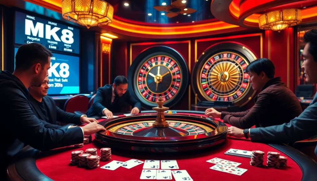 Exciting gameplay at MK8 casino with roulette wheel, poker chips, and winning cards on display.