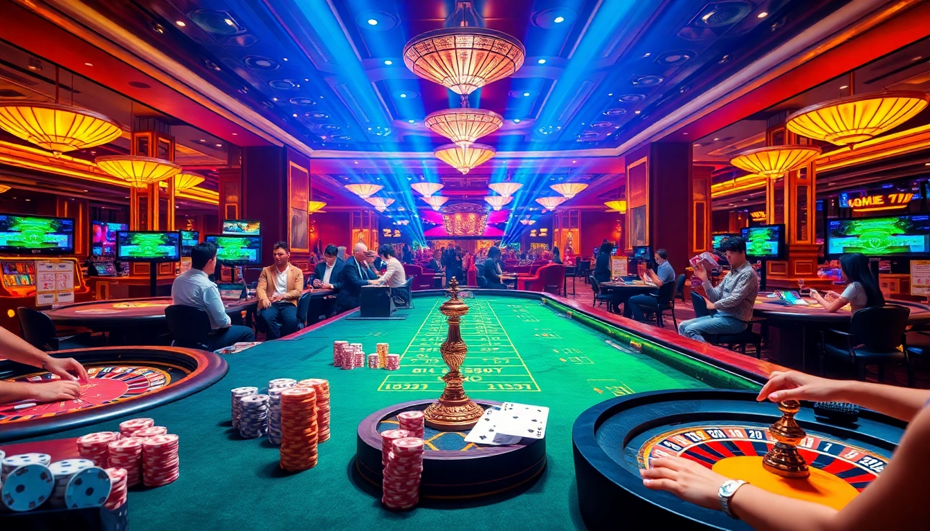 Experience the excitement of 68 game bài in a luxurious casino atmosphere filled with vibrant gaming elements.