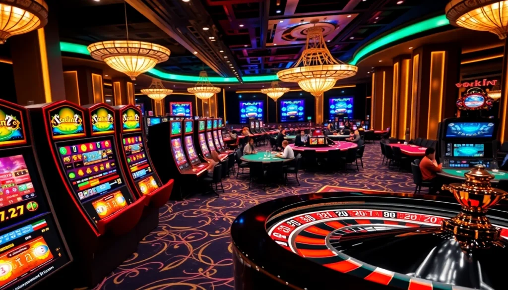 Para pemain menikmati permainan taruhan tinggi di kasino Datukwin dengan mesin slot dan meja poker.