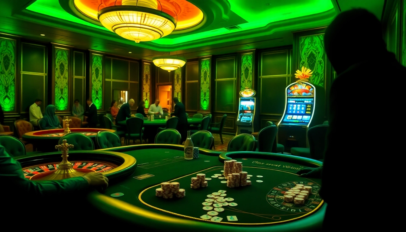 Exciting atmosphere at a luxurious casino featuring hidden wiki themes with poker tables and slot machines.
