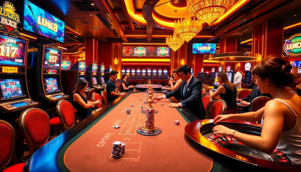 Trải nghiệm cảm giác hồi hộp khi đánh bạc với luck8.net tại một bàn casino nhộn nhịp với sự tham gia của người chơi.
