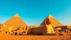 Tourists marveling at the ancient piraminds under a clear blue sky.