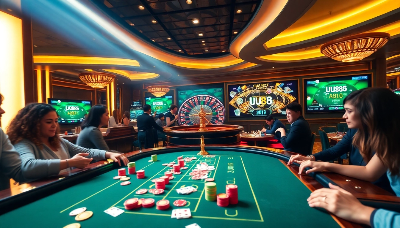 Experience thrill and excitement at UU88 com's dynamic casino gaming table with vibrant chips and cards.