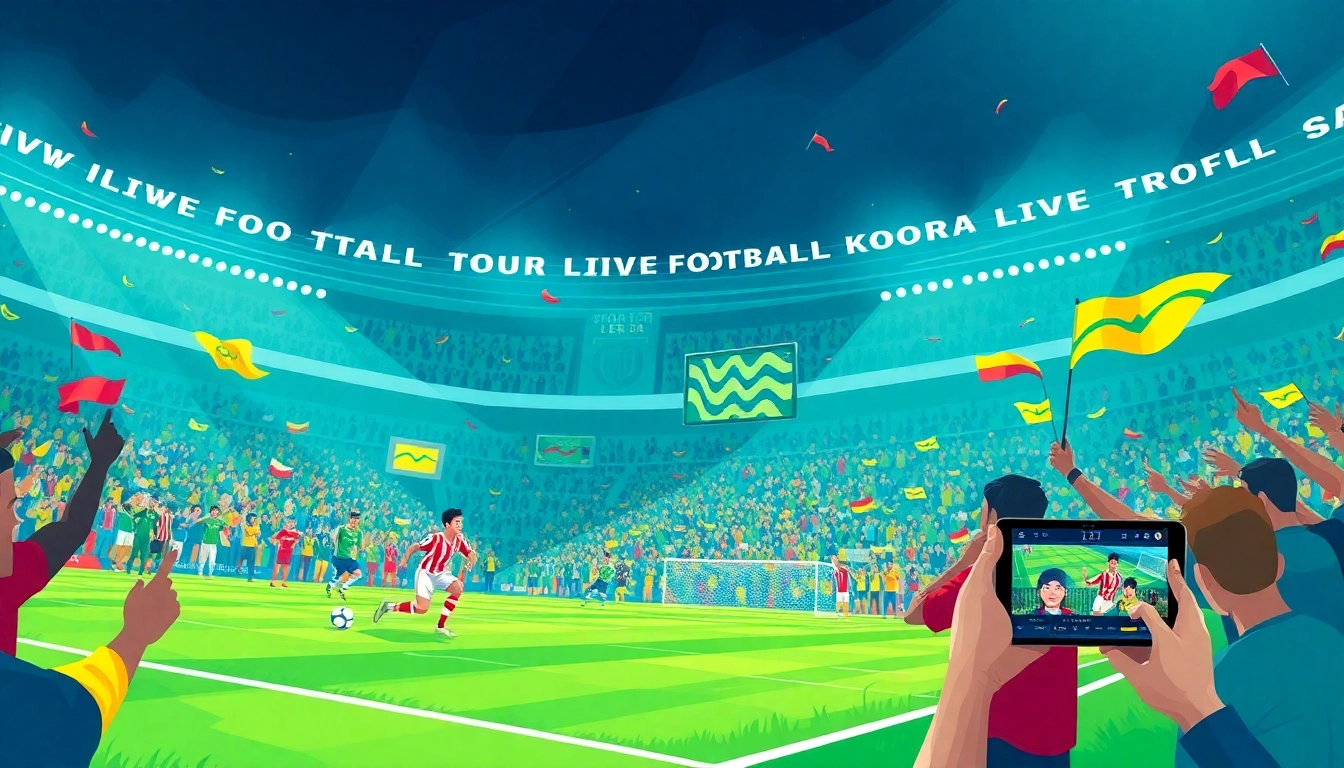 مشهد تفاعلي لـ koora live يعرض مباراة كرة قدم مع جماهير تشجع واللاعبين وهو في حركة