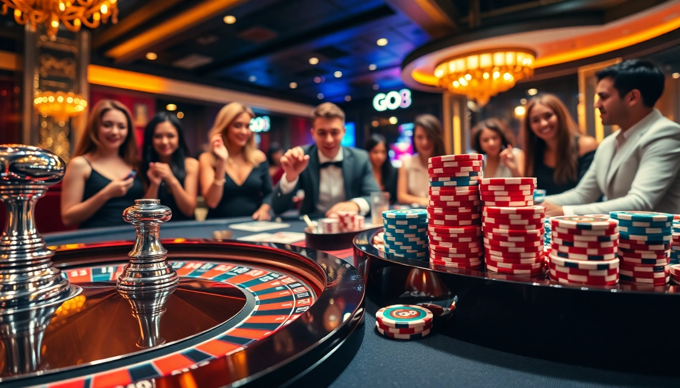 Experience the excitement of GO8 casino gaming with vibrant roulette tables and poker chips.