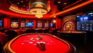Experience the excitement of live poker gaming at i5bet with vibrant chips and a spinning roulette wheel.