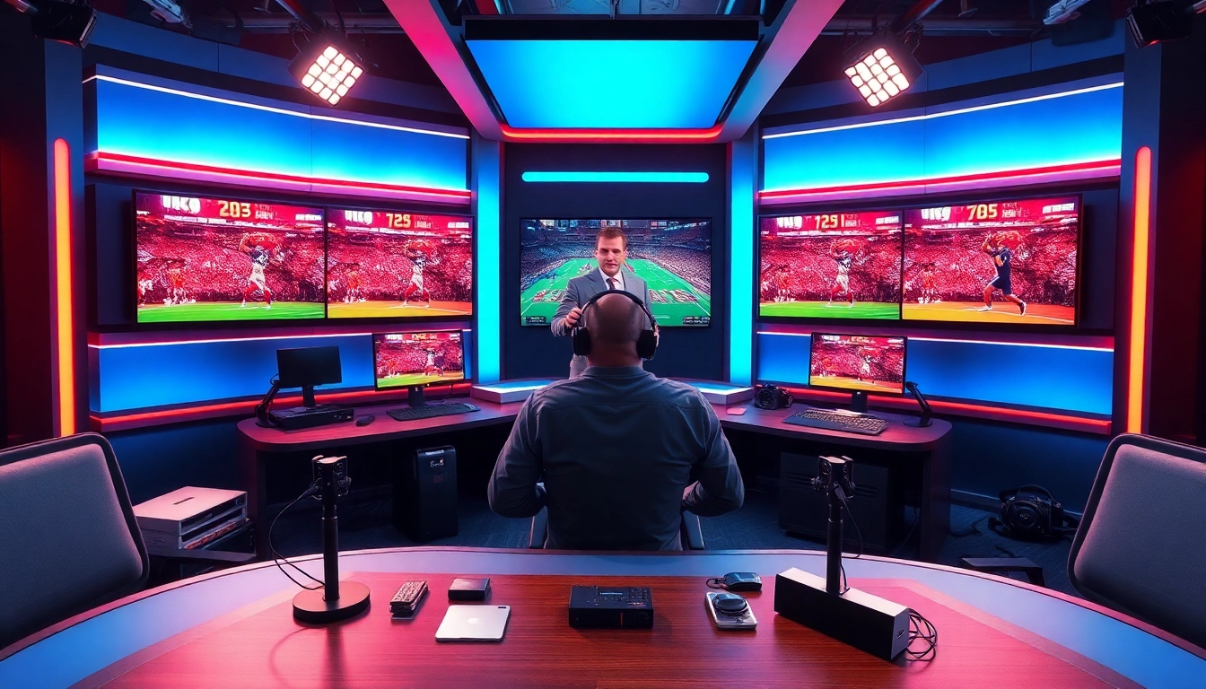 Engaging sports broadcasting setup focusing on the announcer delivering commentary in a dynamic studio environment.