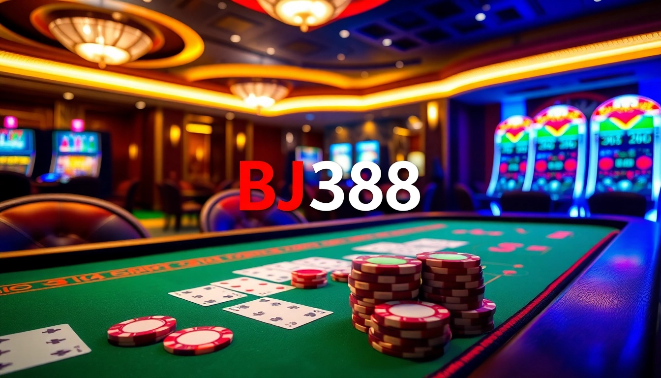 Experience the excitement of BJ388's online casino interface with vibrant cards and roulette.