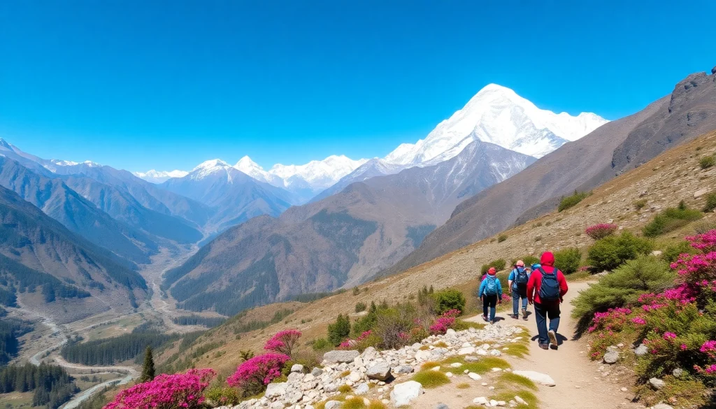 Hikers on the Manaslu Circuit trail with Mount Manaslu in the background.