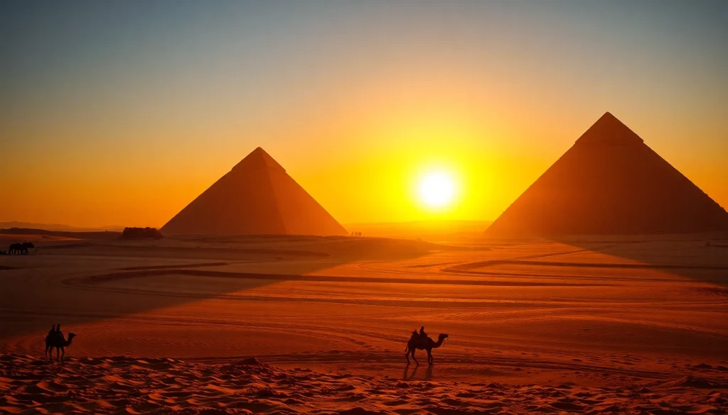 Witness the majestic Great Pyramids of Giza at sunset, highlighting their ancient beauty https://piraminds.com/.