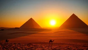 Witness the majestic Great Pyramids of Giza at sunset, highlighting their ancient beauty https://piraminds.com/.