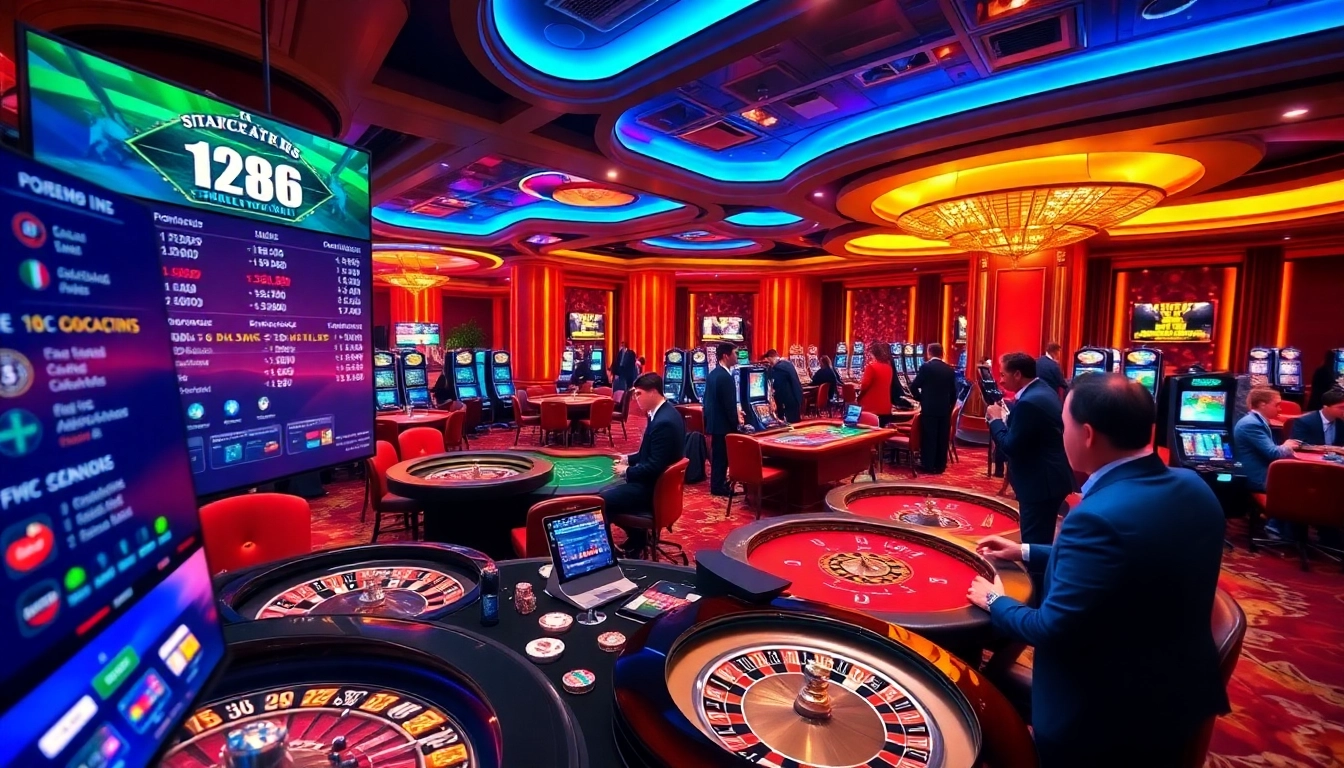 A lively casino scene featuring gamblers engaging with mv88 sports betting screens amidst vibrant table games and slot machines.