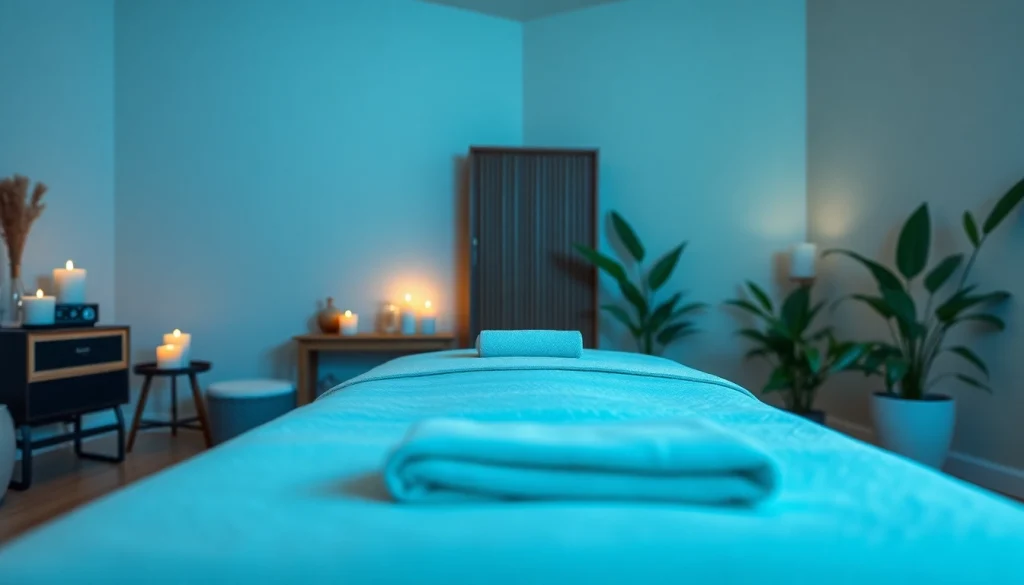 출장마사지 services in a calming home environment with massage table and oils.