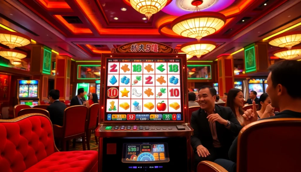 Experience the thrill of a mahjong slot demo with vibrant reels and engaged players in a luxurious casino.