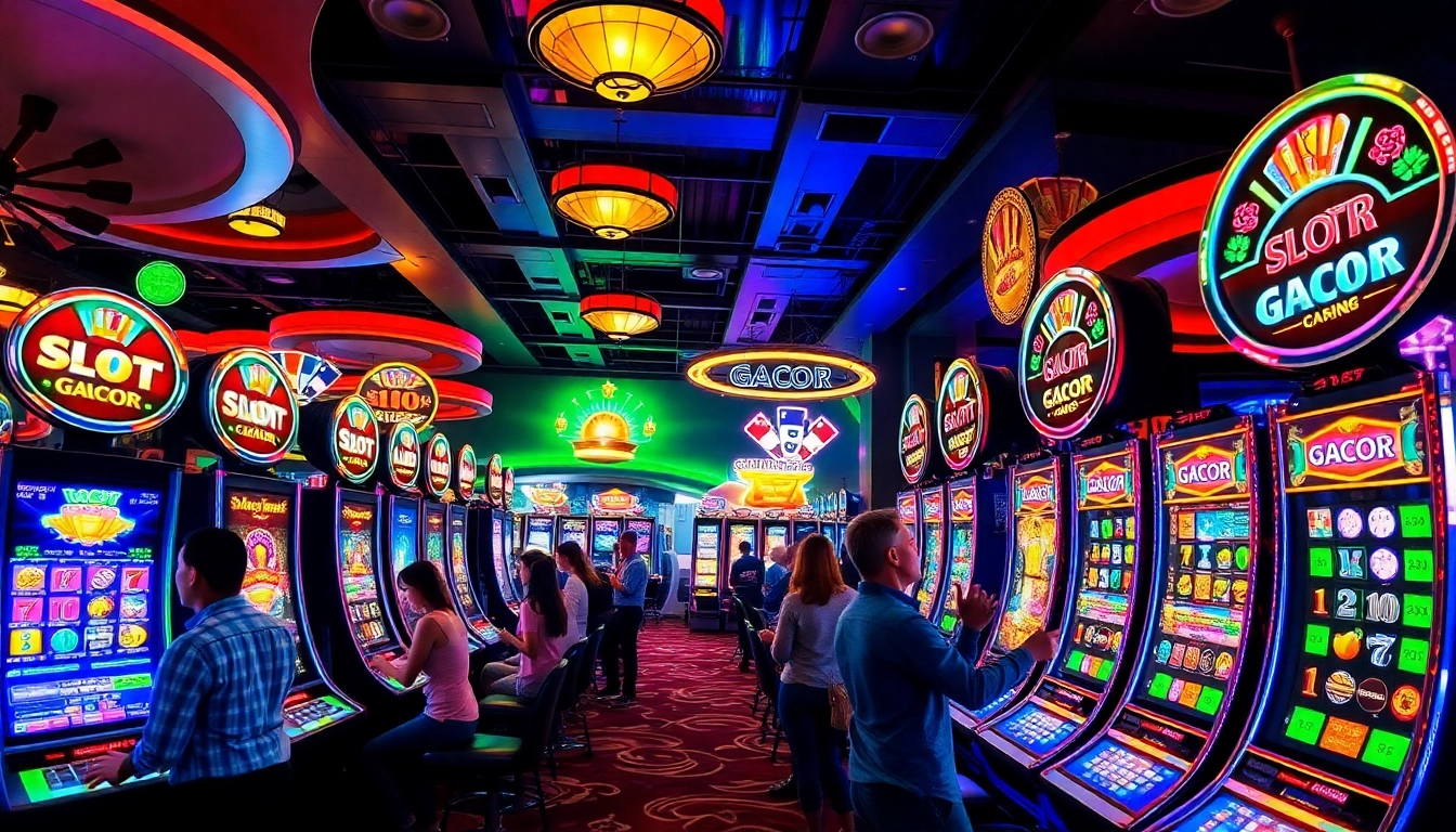 Players enjoying intense moments at SLOT GACOR machines in a vibrant casino environment.